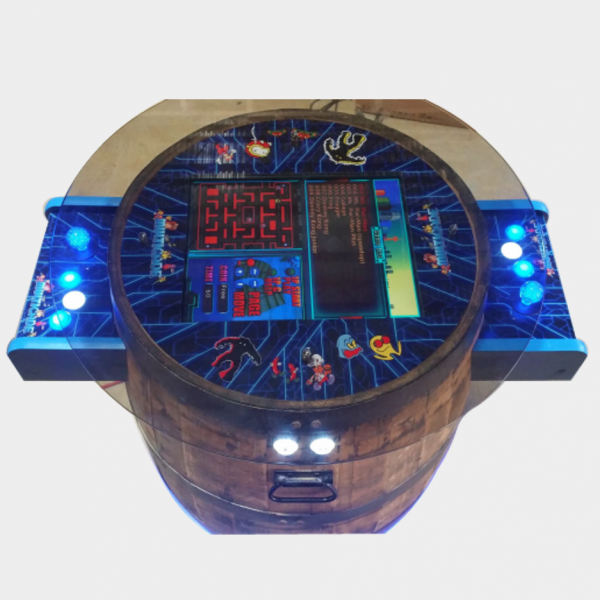 Classic arcade game graphics on a bourbon barrel arcade table